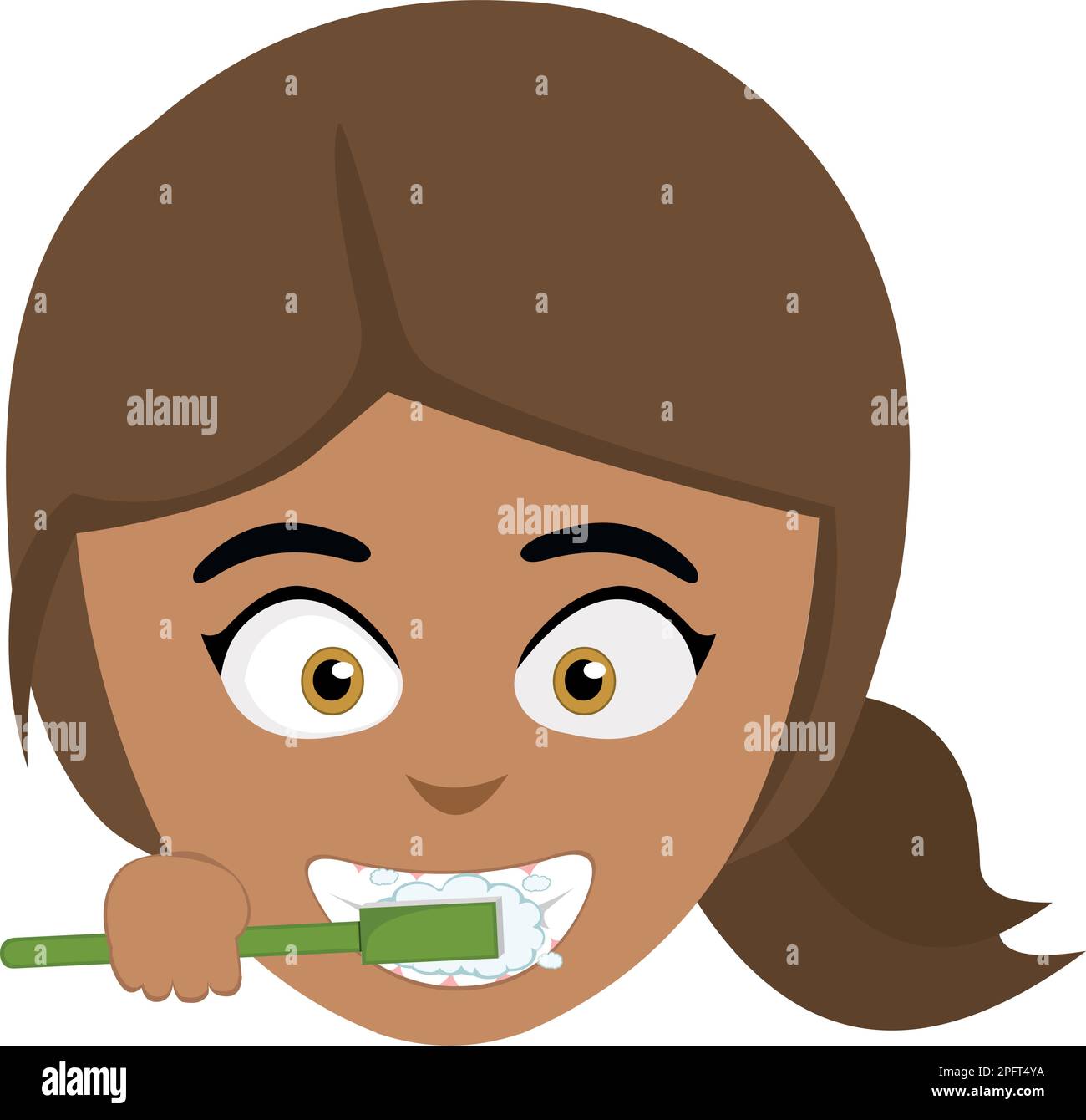 vector illustration face of a brunette girl brushing her teeth with a ...
