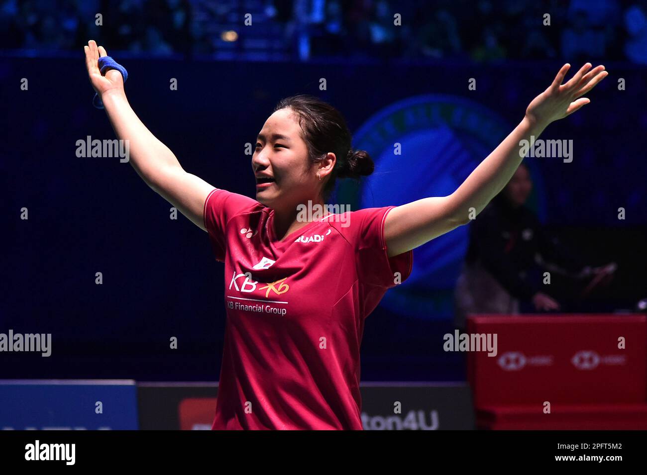 Koreas An Se Young reacts after defeating Chinese Taipeis Tai Tzu Ying during the womens semi final match in the All England Open Badminton Championships at the Utilita Arena in Birmingham, England,