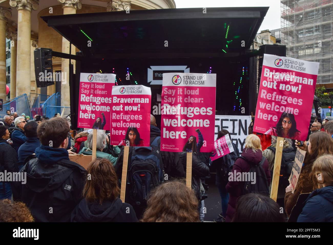 London, UK. 18th March 2023. Protesters outside BBC headquarters. Thousands of people marched through Central London in support of refugees, and in protest against racism and the UK Government's Illegal Migration Bill. Credit: Vuk Valcic/Alamy Live News Stock Photo