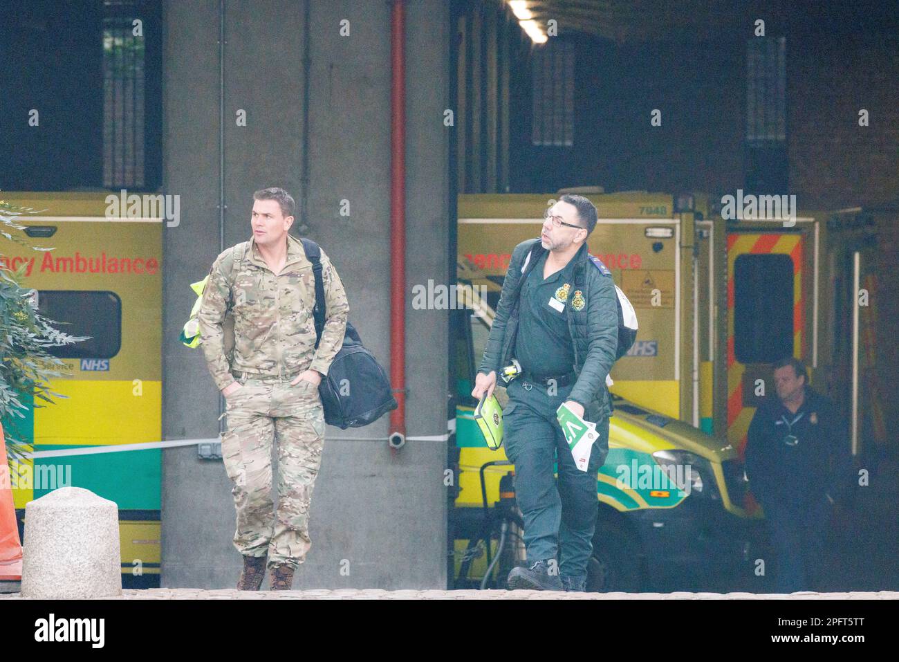 Led by Unions, ambulance drivers in the UK go on strike. Striking ambulance drivers are covered by the British Army. Stock Photo