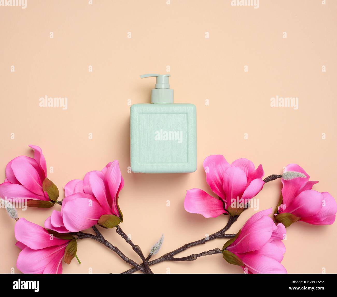 Plastic soap dispenser container on a beige background, cosmetics Stock