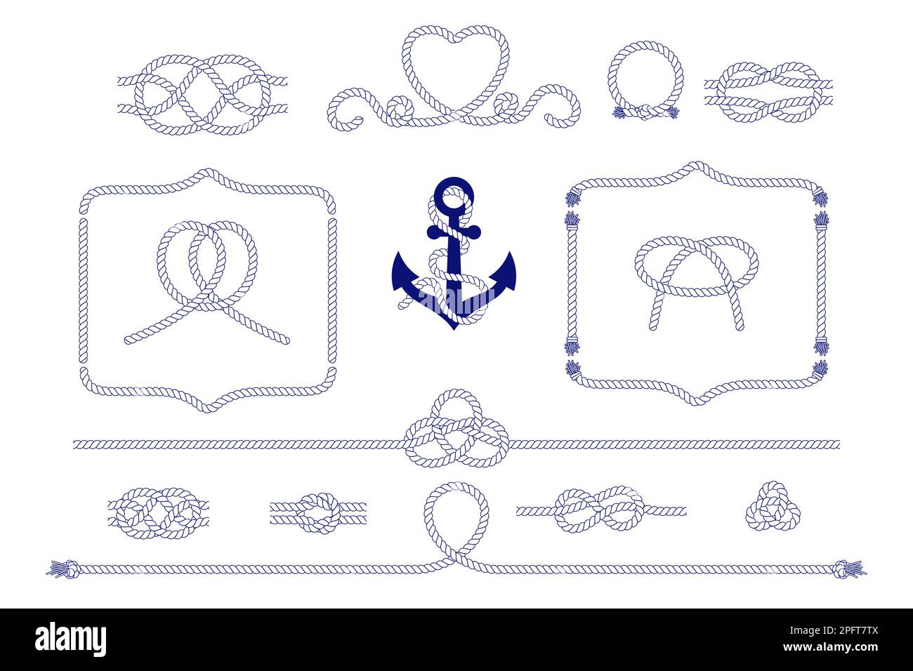 Nautical rope knots, frames and border set. Seamless decorative marine