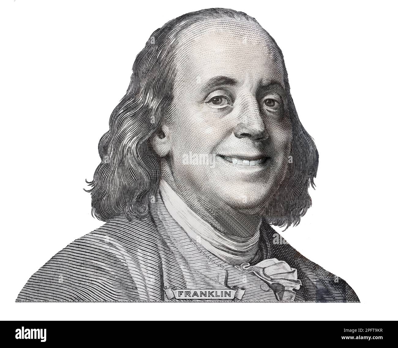 Benjamin Franklin smiling on 100 dollar banknote for design