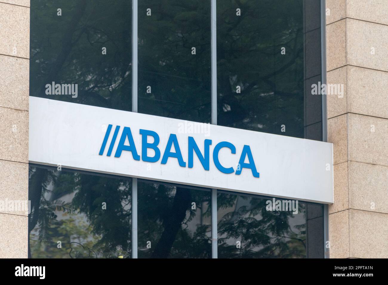 Lisbon, Portugal - December 5, 2022: Logo and sign of Abanca Spanish bank. Stock Photo