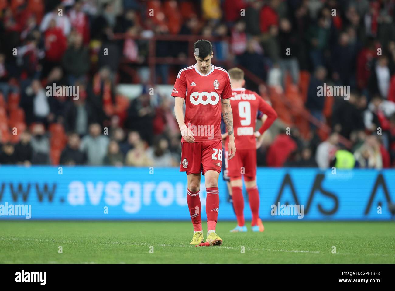 Standard's Stipe Perica looks dejected after a soccer match between Standard de Liege and SV Zulte Waregem, Saturday 18 March 2023 in Liege, on day 30 of the 2022-2023 'Jupiler Pro League' first division of the Belgian championship. BELGA PHOTO BRUNO FAHY Stock Photo