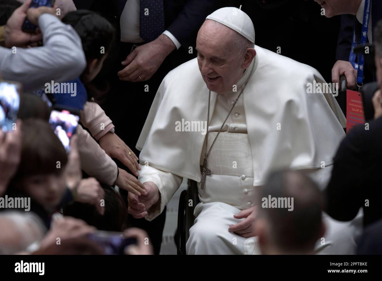 Vatican City, vatican, 18 March 2023. Pope Francis meets refugee