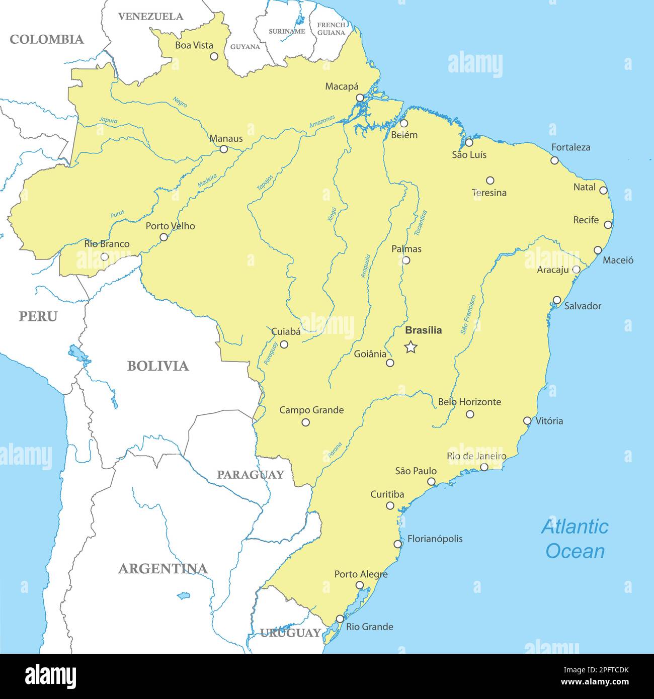 Political map of Brazil with national borders, cities and rivers Stock Vector