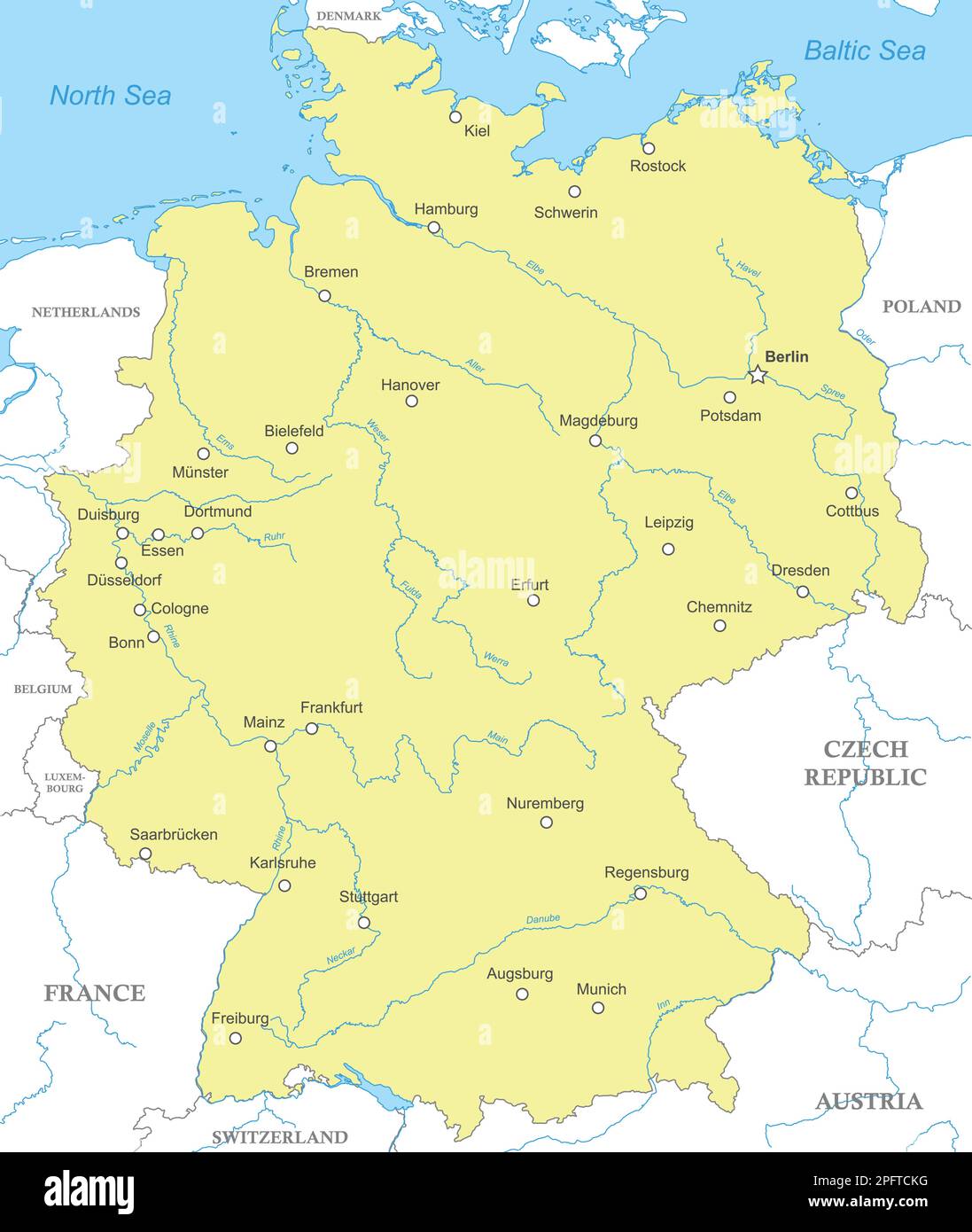 Political map of Germany with national borders, cities and rivers Stock Vector