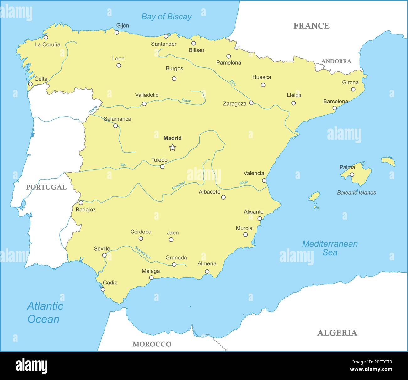 Political map of Spain with national borders, cities and rivers Stock Vector