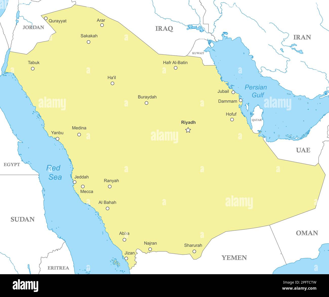 Political map of Saudi Arabia with national borders, cities and rivers Stock Vector