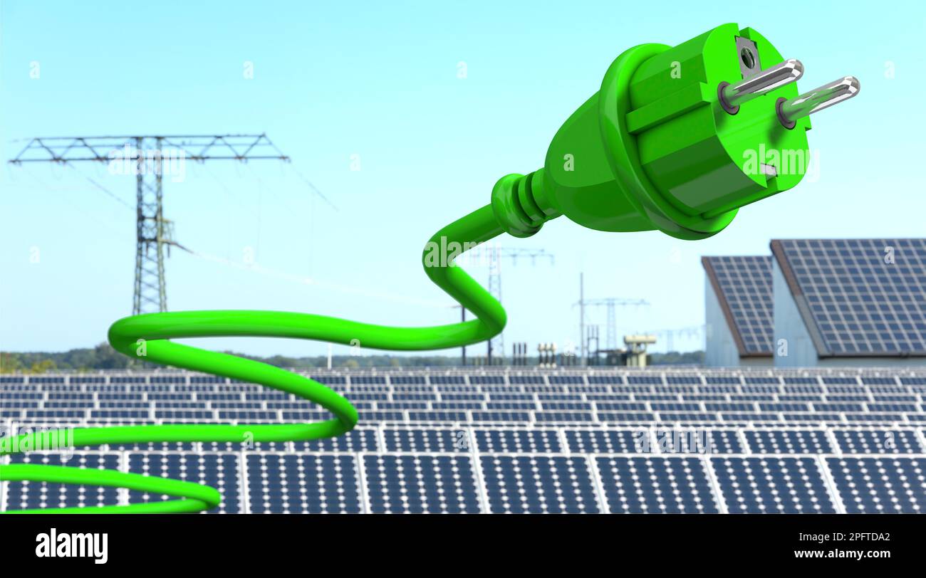 3D Illustration: Solarenergie. Solar power plant with green power plug Stock Photo