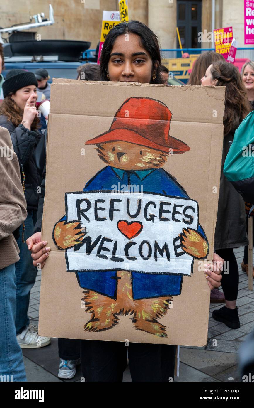 Protest taking place in London on UN Anti Racism Day. Paddington Bear placard, with refugees welcome slogan Stock Photo