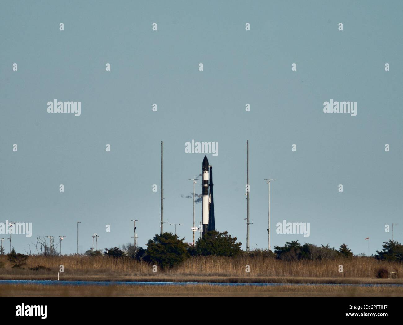 WALLOPS ISLAND, VA, USA - MARCH 16, 2023: Rocket Lab's Electron Launches Two Satellites into orbit for Capella Space from launch complex 2. Stock Photo