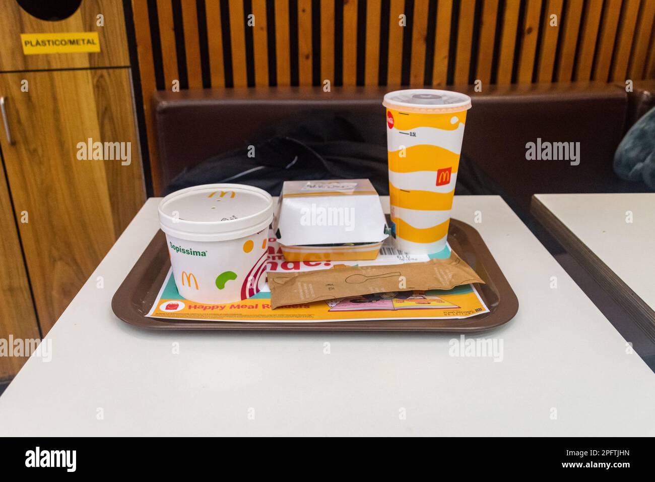 Lisbon, Portugal - December 6, 2022: McDonald meal with gluten free Big Mac, bowl of soup and Coca-Cola. Stock Photo
