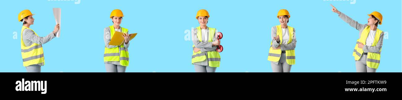 Collage of female engineer in safety vest on blue background Stock Photo