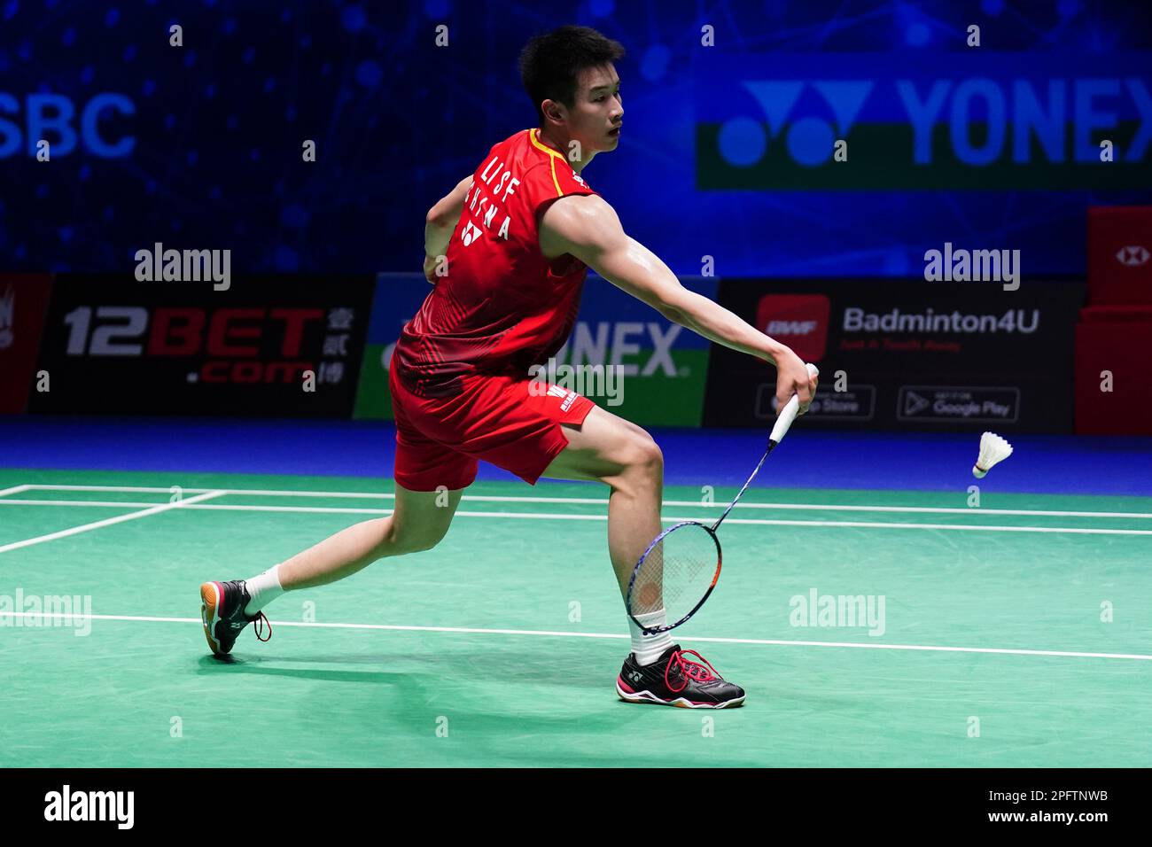 Chinas Li Shi Feng in action against Anders Antonsen (not pictured) during day five of the