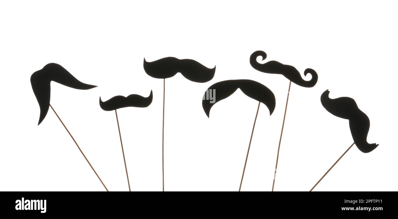 Set of different paper mustaches on wooden sticks against white