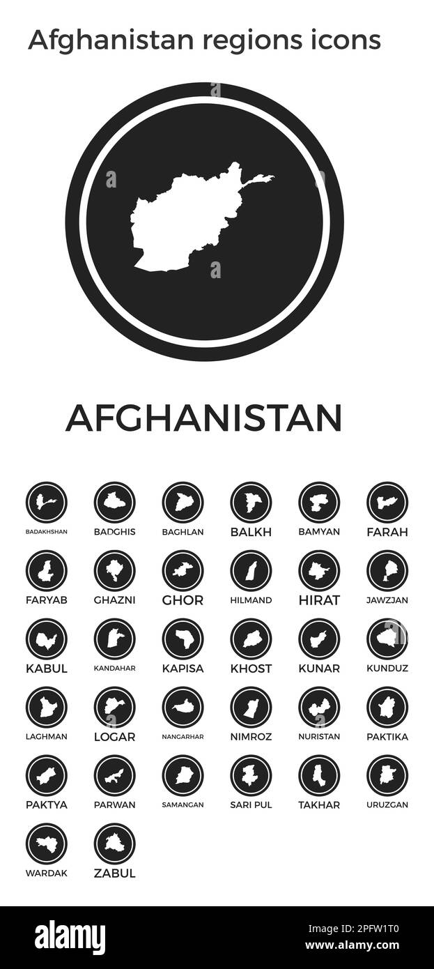 Afghanistan regions icons. Black round logos with country regions maps and titles. Vector illustration. Stock Vector