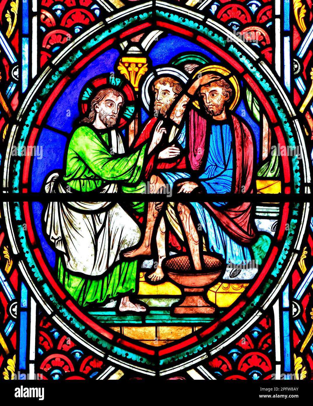 The Passion Window, Jesus washes feet of his Disciples, stained glass window, by Didron of Paris, 1860, Feltwell, Norfolk, England, UK, Easter Stock Photo