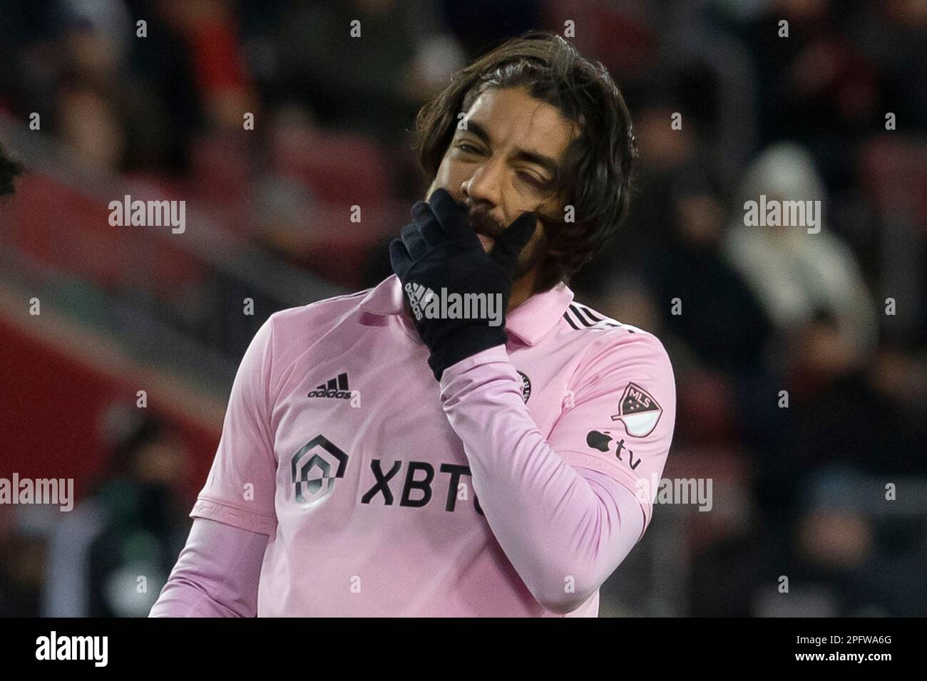 Inter Miami's Rodolfo Pizarro reacts after missing a scoring opportunity  against Toronto FC during the first half of an MLS soccer match in Toronto,  Saturday, March 18, 2023. (Chris Young/The Canadian Press