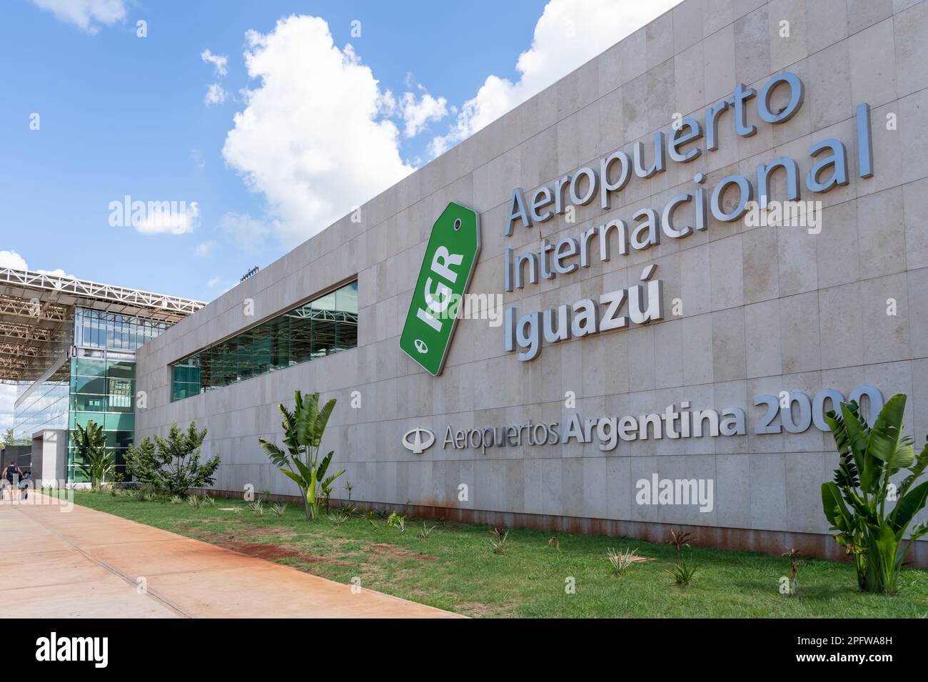 Misiones, Argentina - January 16, 2023: Iguazu Airport sign on the building, Misiones, Argentina. Stock Photo