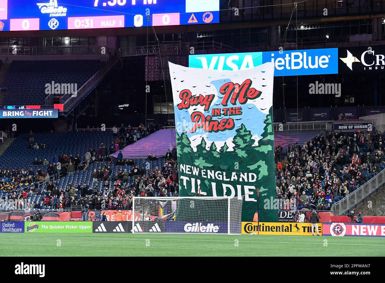 Foxborough Massachusetts, USA. 18th Mar, 2023. New England Revolution fans raise a tifo before the start of a game against the Nashville SC in Foxborough Massachusetts. Eric Canha/CSM/Alamy Live News Stock Photo