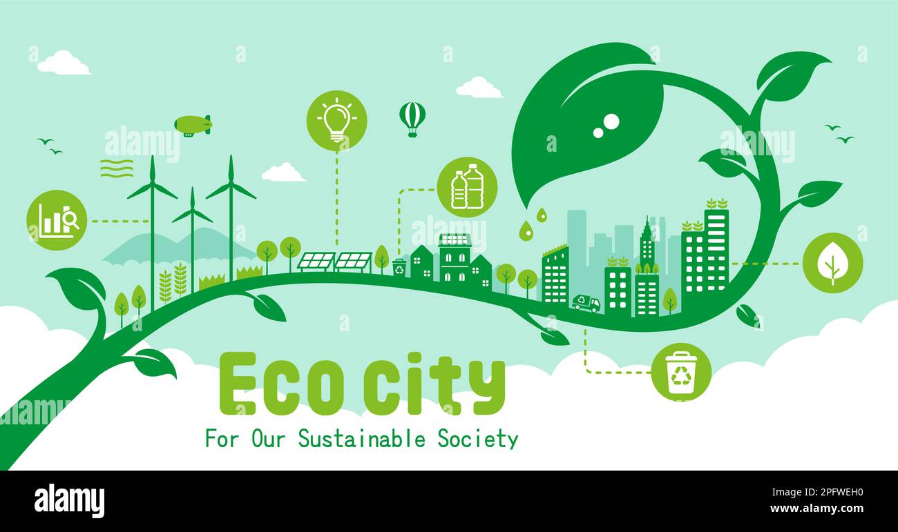 Green eco city vector banner illustration ( SDGs, ecology concept ...