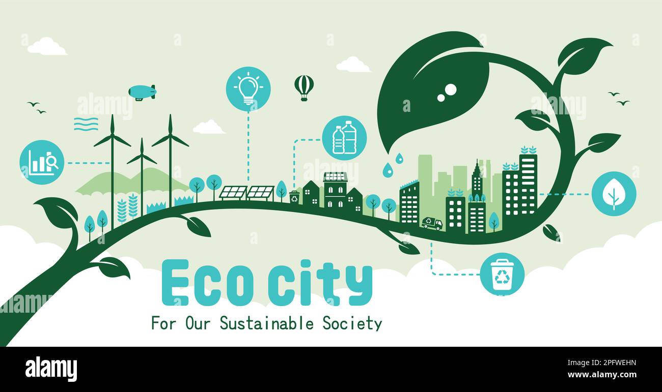 Green eco city vector banner illustration ( SDGs, ecology concept ...