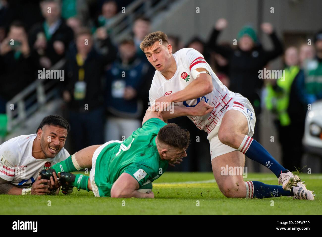 Dublin, Ireland. 19th Mar, 2023. Dan Sheehan of Ireland scores a try
