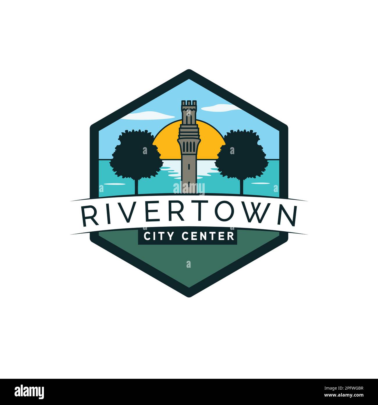 Rivertown city center logo design. Landscape and  tower modern logotype. Lake and city logo template. Stock Vector