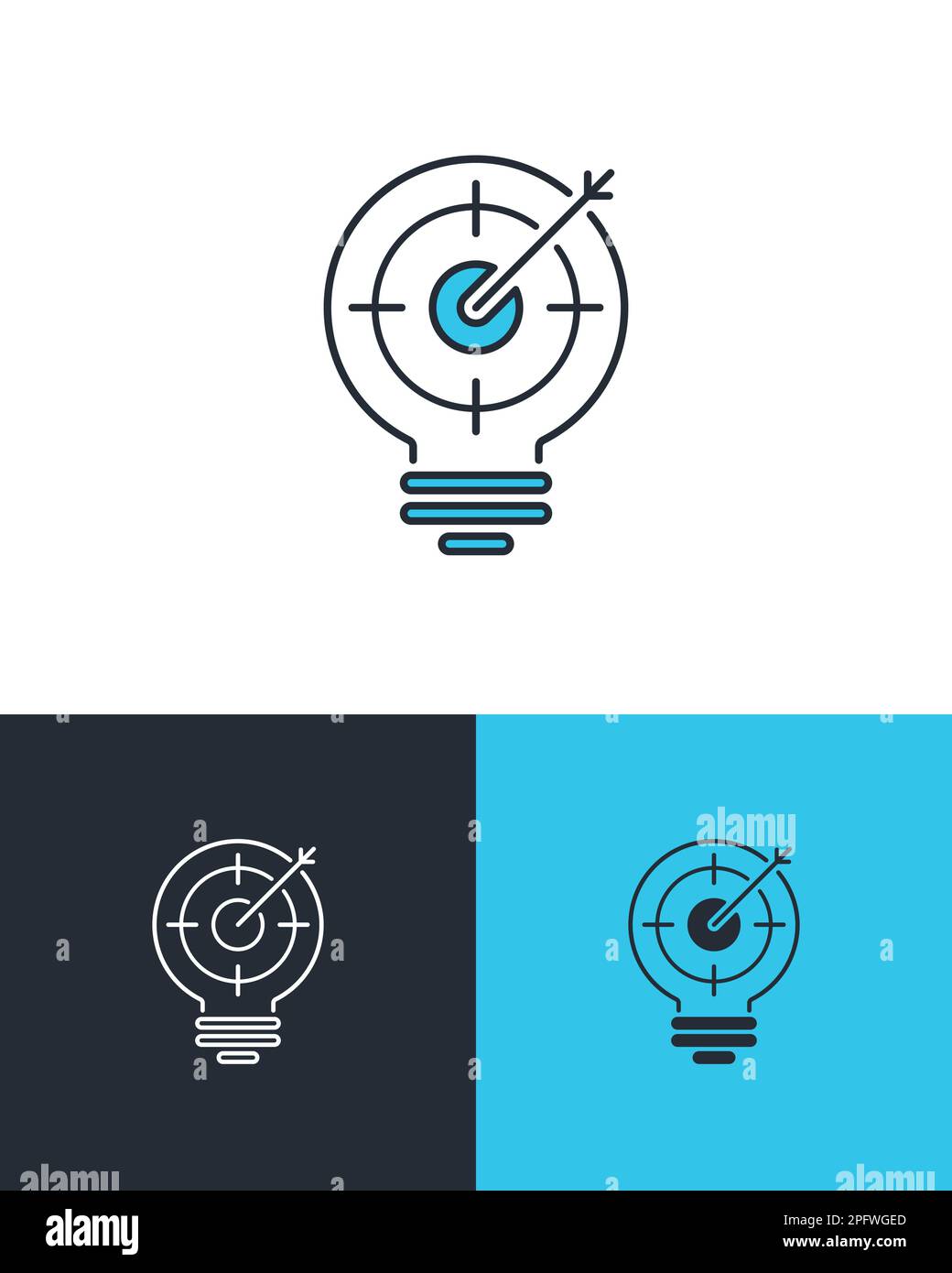 Idea and aiming concept. Light bulb symbol with target and arrow. Vector icons on 3 different backgrounds. Stock Vector