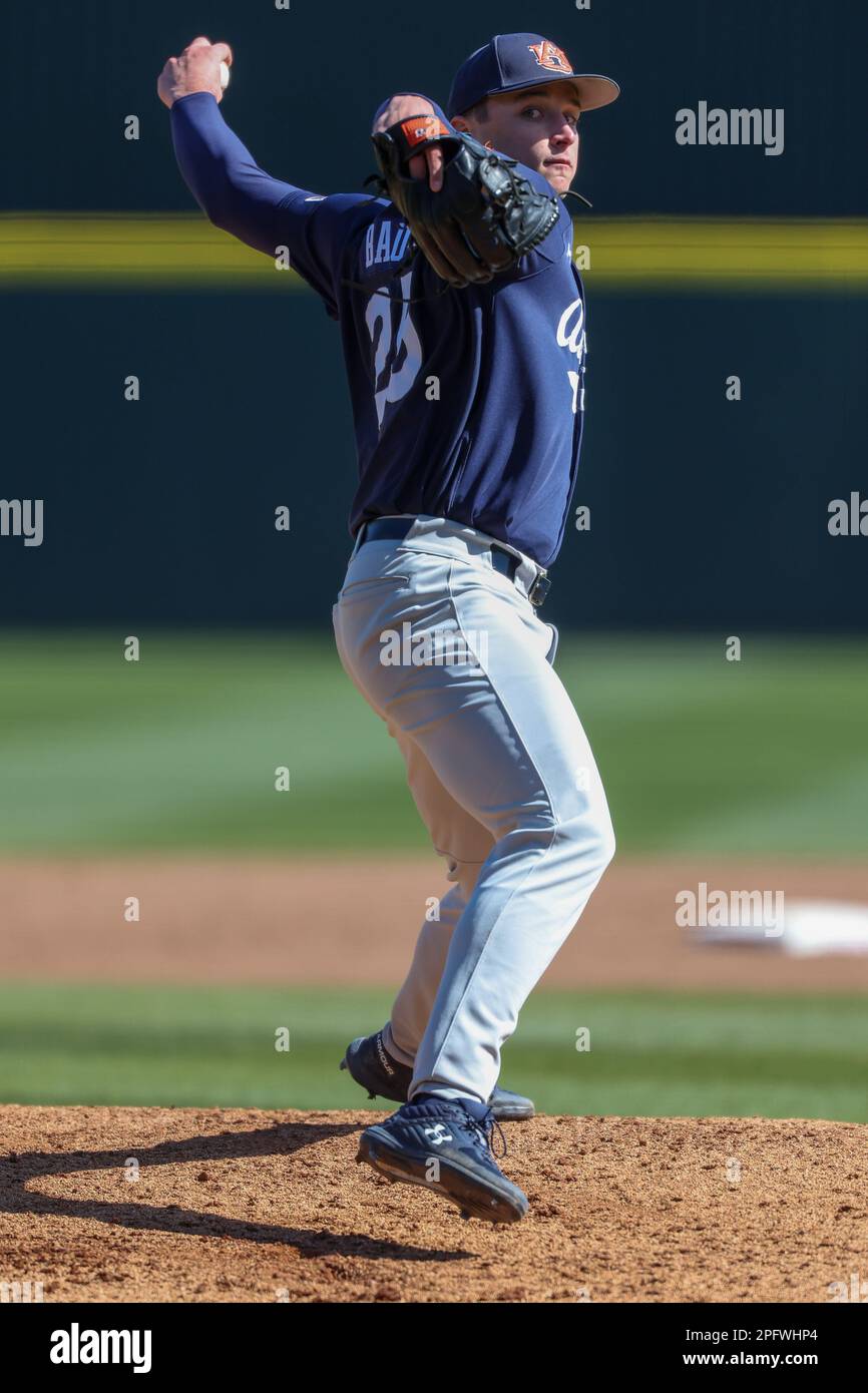 Home Plate. 18th Mar, 2023. Auburn pitcher Tanner Bauman 25 prepares