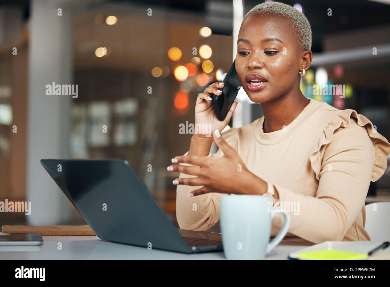 Phone call, business and black woman talking in office, chatting or  speaking to contact. Laptop, cellphone and female professional in  conversation Stock Photo - Alamy