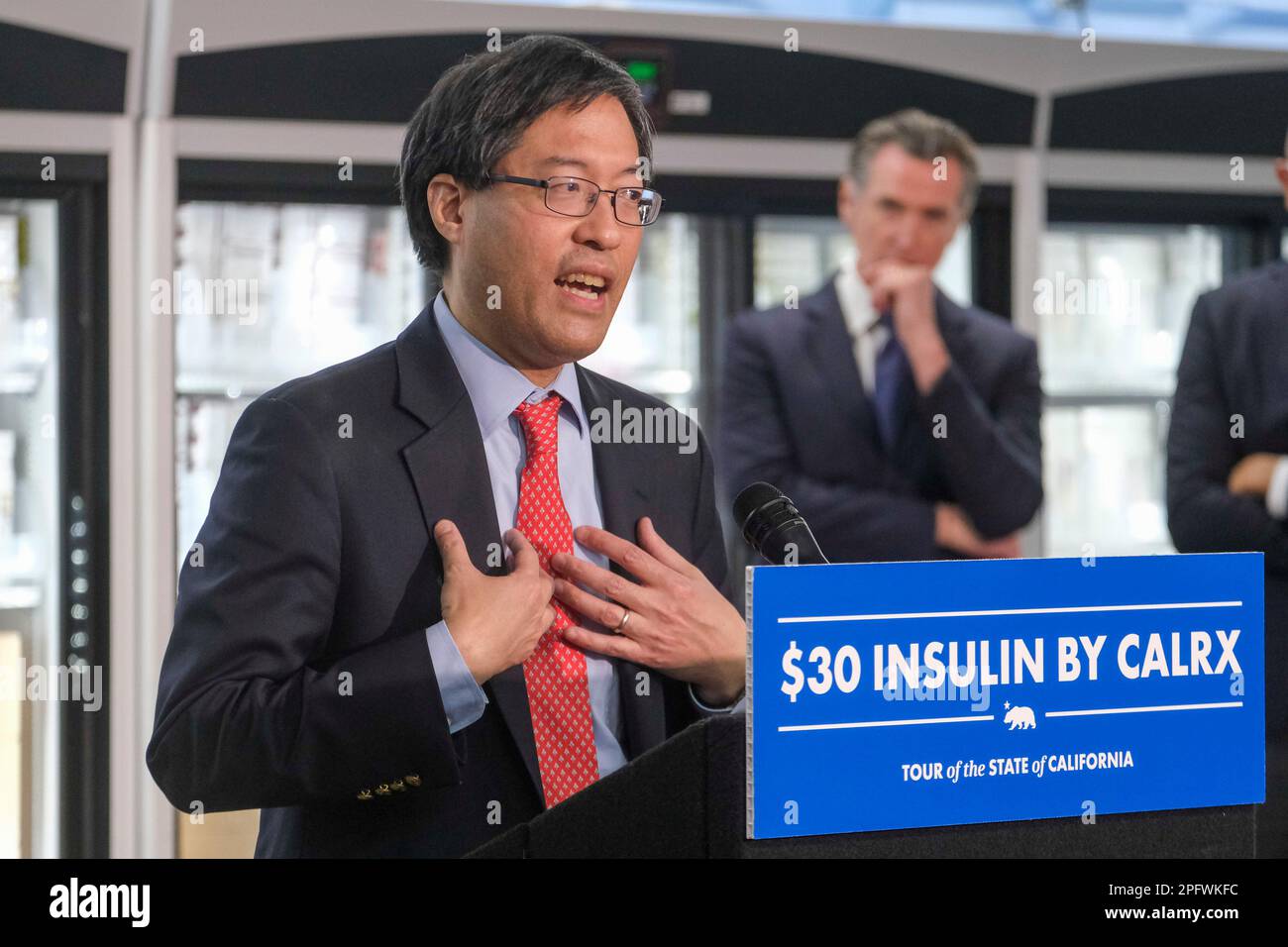 Los Angeles, United States. 18th Mar, 2023. Dr. Richard Pan (L), former senator, speaks in a news conference after visiting a Kaiser Permanente warehouse in Downey, California. Newsom announced a partnership with Civica Rx to provide insulin to Californians for $30 for 10 milliliters, which he said was as little as one-tenth of the current cost. Credit: SOPA Images Limited/Alamy Live News Stock Photo