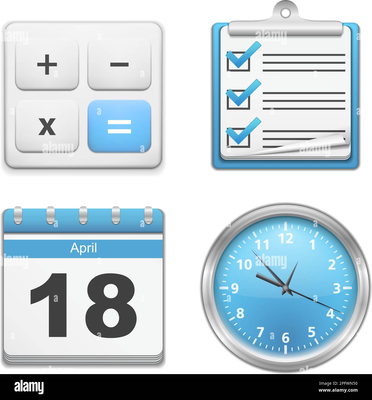 Set of office icons calculator, clipboard with checklist, calendar