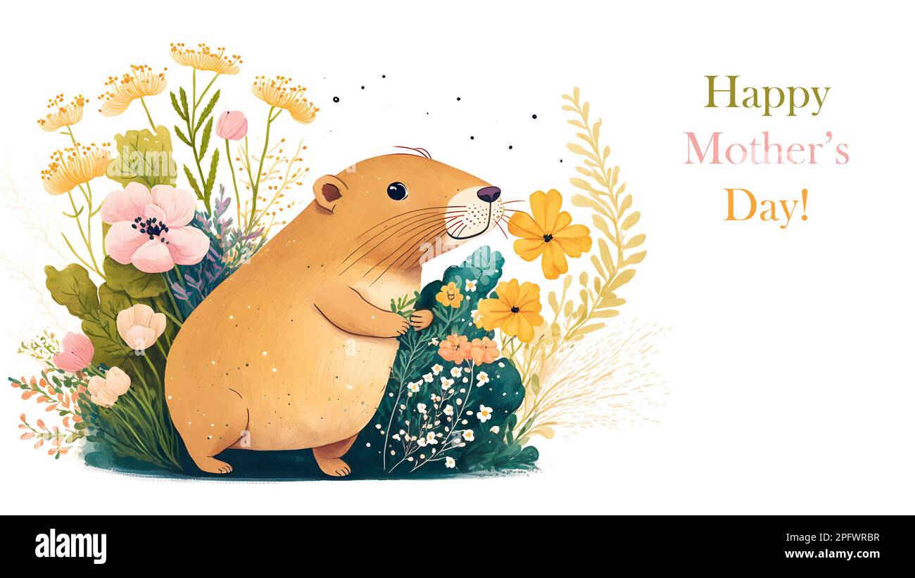 Holliday watercolour greeting card with cute capybara with flowers on white background with inscription Happy mother's day. Holiday card with funny an Stock Photo