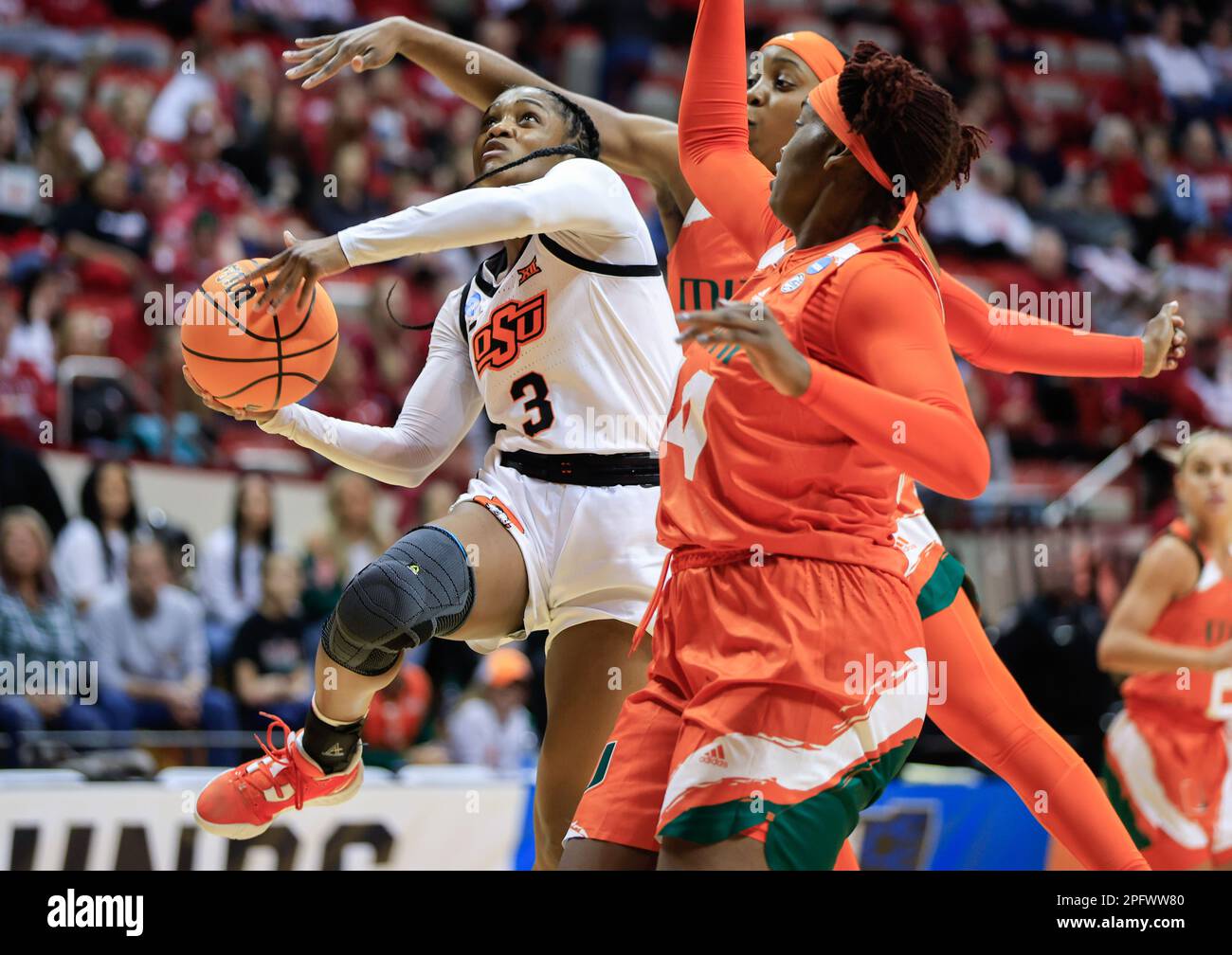 Bloomington, United States. 18th Mar, 2023. Oklahoma State Cowgirls guard Naomie Alnatas (3) plays against Miami Hurricanes guard Jasmyne Roberts (4) during an NCAA womenís basketball tournament game at Simon Skjodt Assembly Hall. Miami beat Oklahoma State 62-61. (Photo by Jeremy Hogan/SOPA Images/Sipa USA) Credit: Sipa USA/Alamy Live News Stock Photo