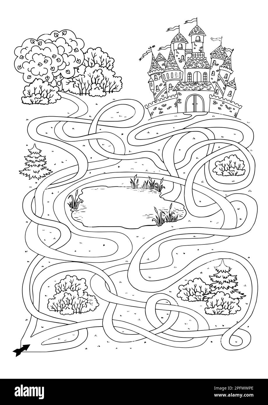 Maze game for children, find the right way to the castle Stock Vector