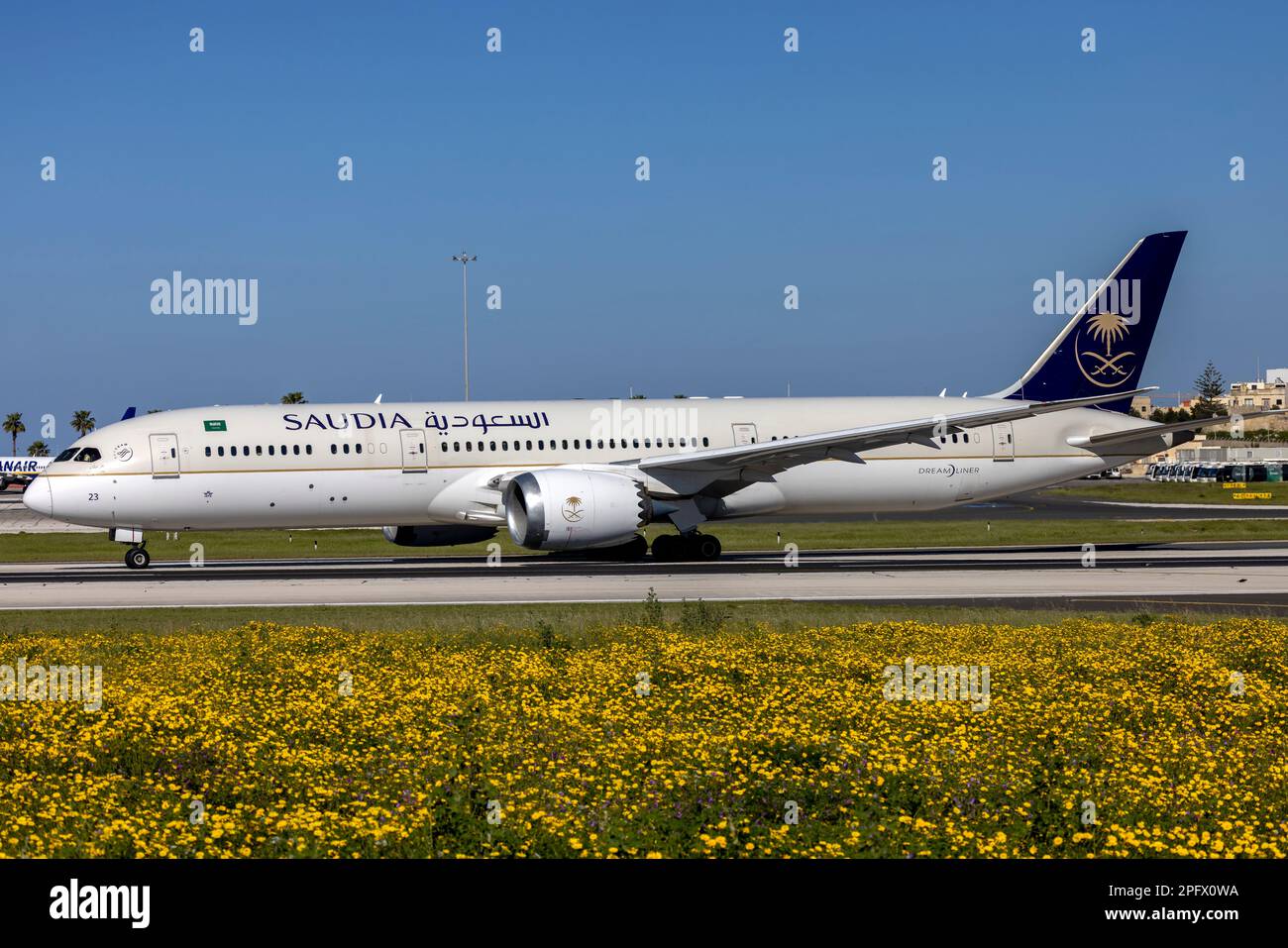 Saudia Saudi Arabian Airlines Boeing 787-9 Dreamliner (Reg.: HZ-AR23) departing from Malta after making an emergency landing about 3 hours earlier. Stock Photo