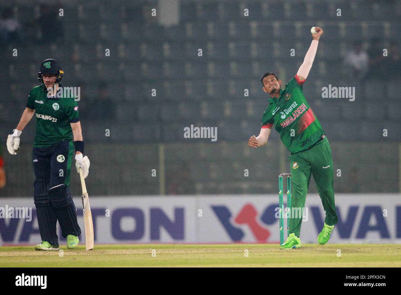 Nasum Ahmed bowl during the Bangladesh-Ireland 1st ODI match at Sylhet International Cricket Stadium, Lakkarura, Sylhet, Bangladesh. Stock Photo