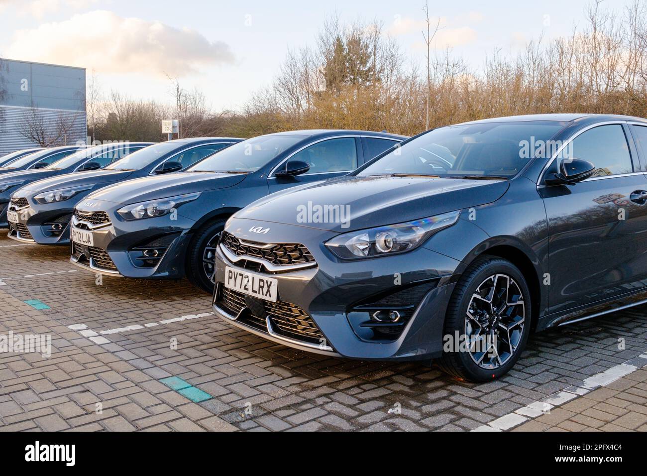 Newcastle UK: 26th Feb 2023: A brand new fleet of Kia Proceed cars ready for customers Stock Photo