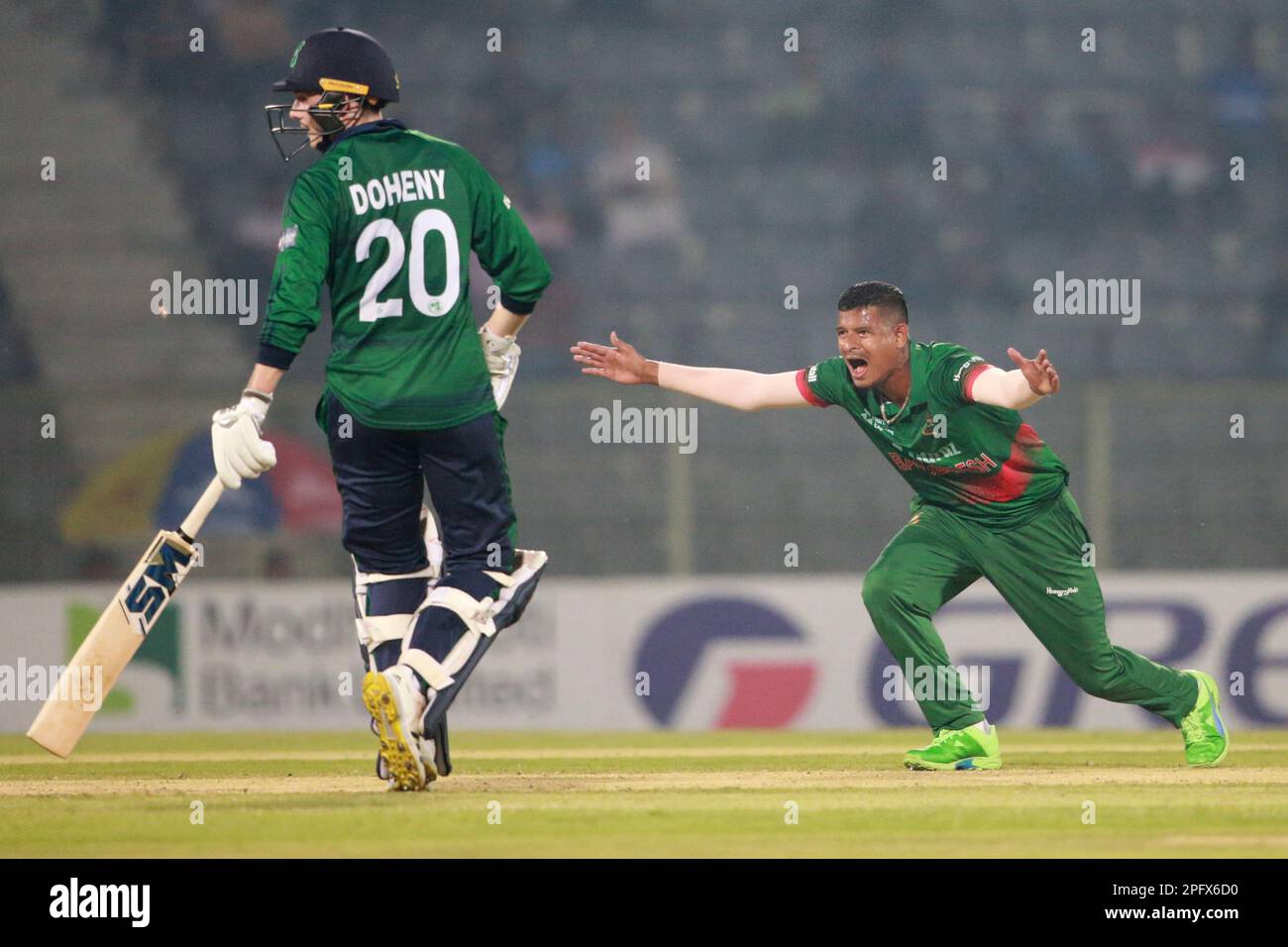 Nasum Ahmed (R) Bangladesh-Ireland 1st ODI match at Sylhet International Cricket Stadium, Lakkarura, Sylhet, Bangladesh. Stock Photo