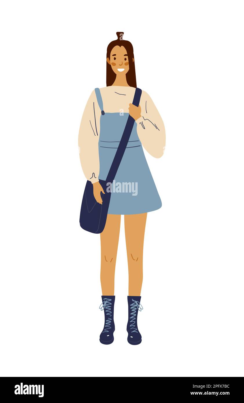 Modern student girl with bag, cute laughing standing schoolgirl, flat design. Back to school, education concept. Vector illustration isolated on white Stock Vector