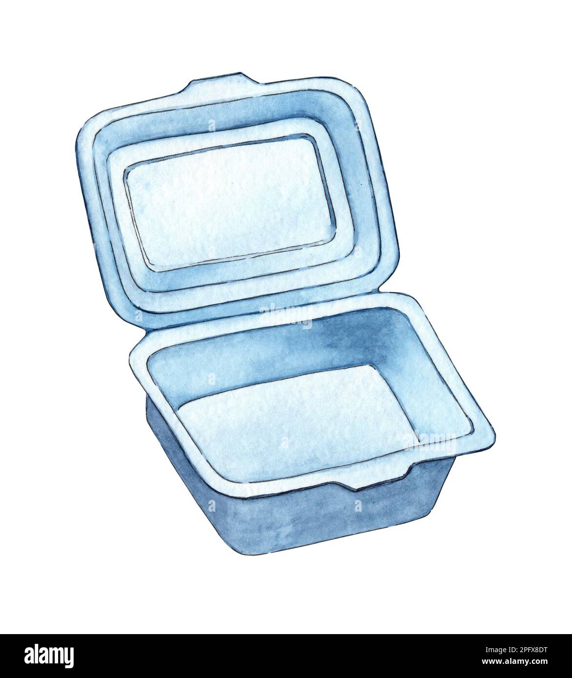 Watercolor illustration of plastic food container; food tray packaging