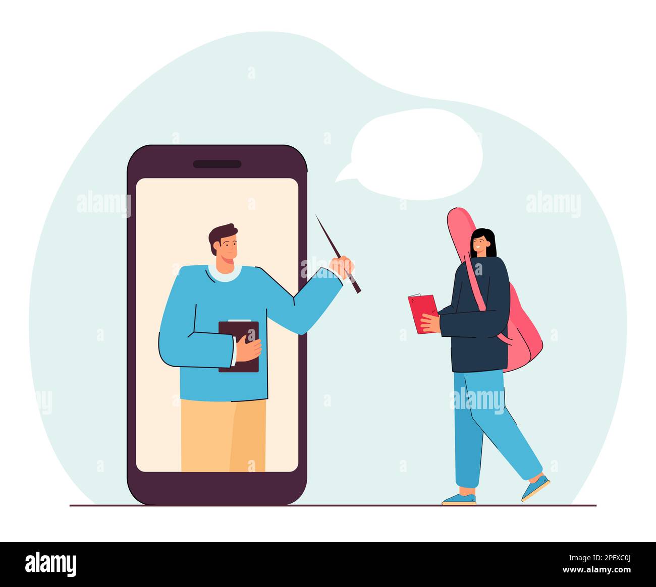 Teacher on screen of mobile phone teaching tiny girl online Stock