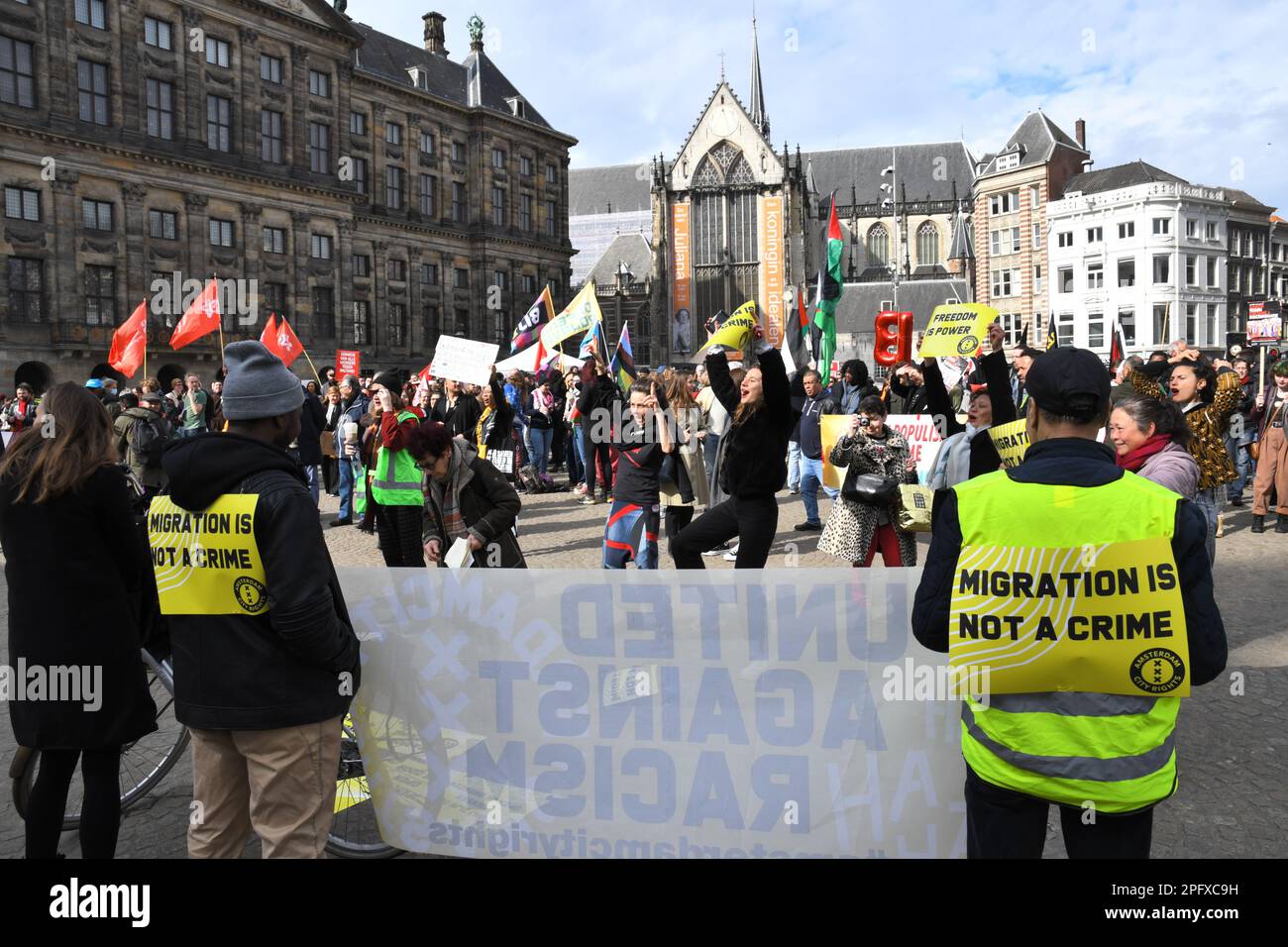 Amsterdam,the Netherlands 18th March,2023.The March 21 Committee organized the annual demonstration/manifestation in the context of the 'International Day Against Racism and Discrimination'.A large group marched from Dam-square to the 'Dokwerker'statue. Stock Photo