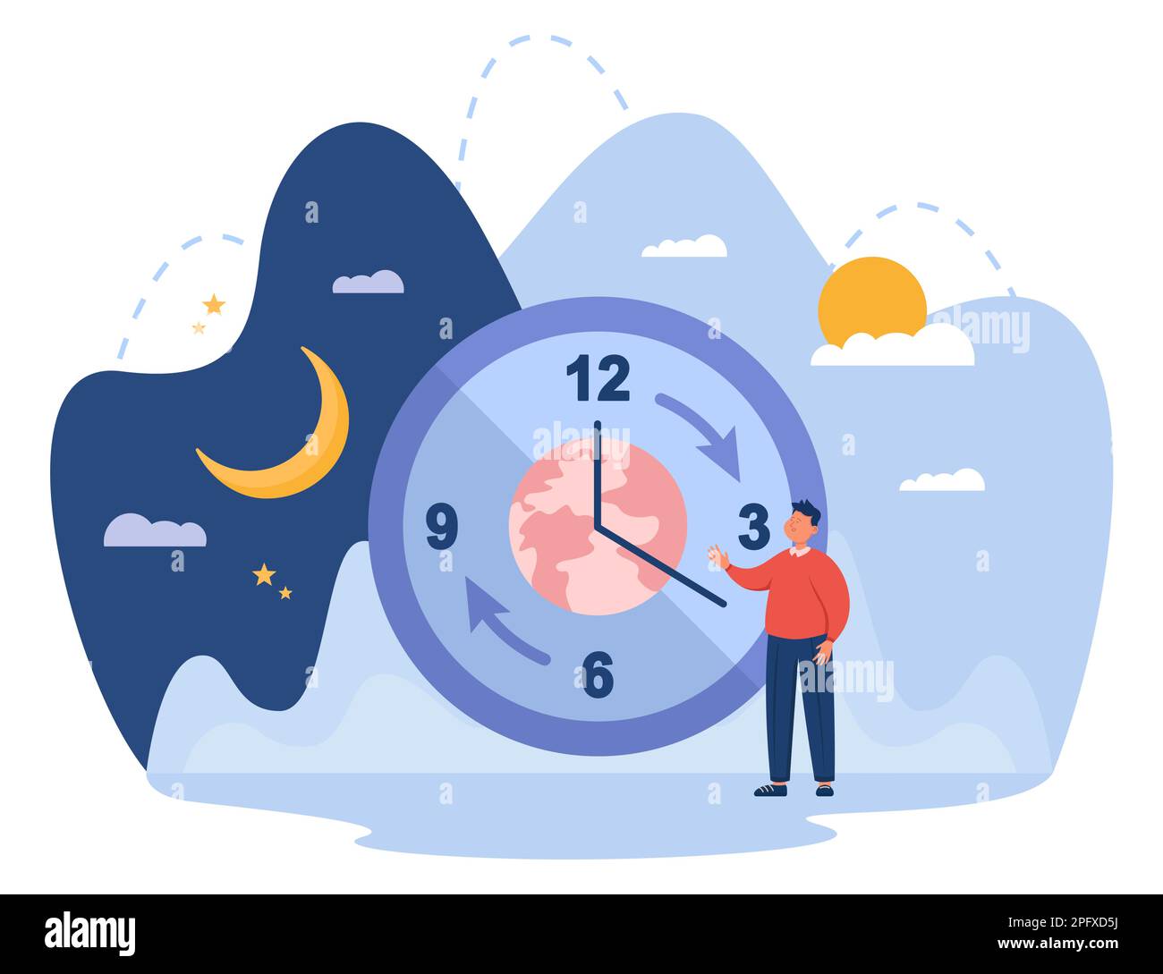 Tiny man standing next to huge clock with planet on it Stock Vector