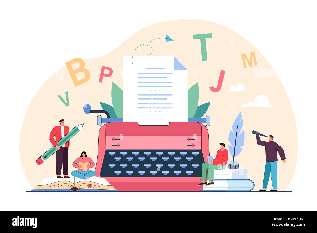 Tiny creative people writing poems on typewriter Stock Vector