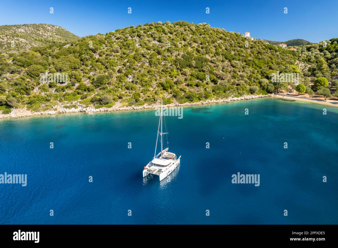 Aerial view of a moored yacht near Dexia beach on Itaca island, Greece Stock Photo