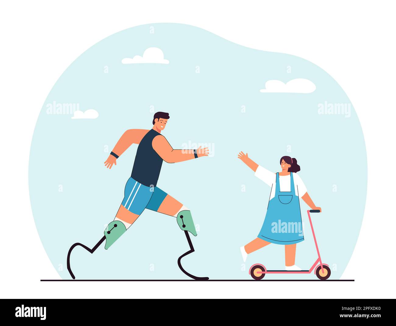 Athlete with prosthetic legs running with girl on kick scooter Stock